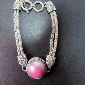 Bali sterling silver pink mabe pearl toggle clasp bracelet